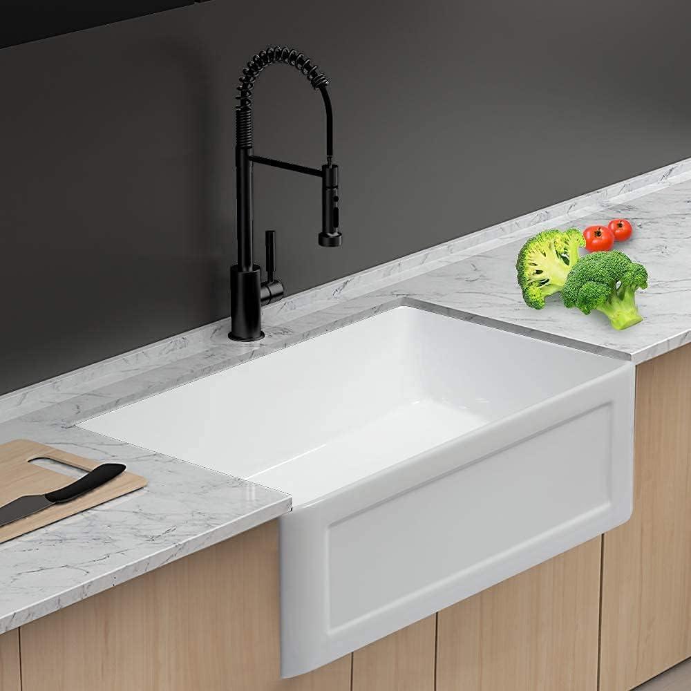 24-Inch Glossy White Fireclay Farmhouse Kitchen Sink with Accessories