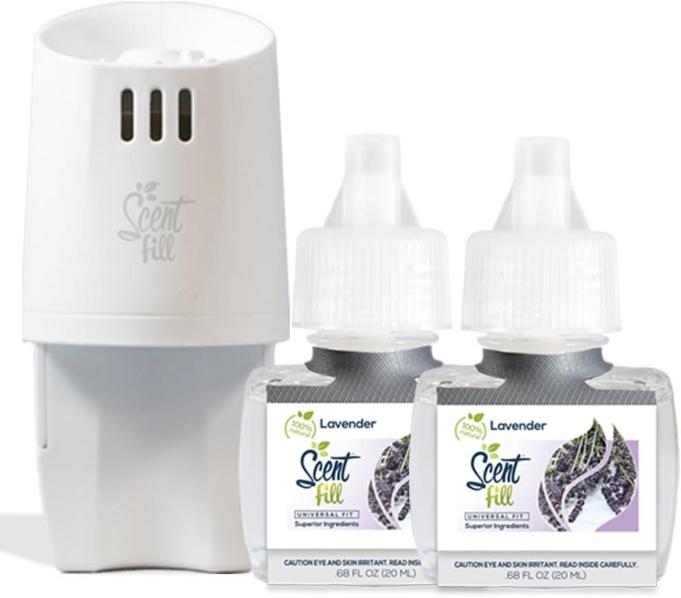 Scent Fill 100% Natural Lavender Plug in Air Freshener Starter Kit, Scented Oil Refills, 2 Refills + Diffuser
