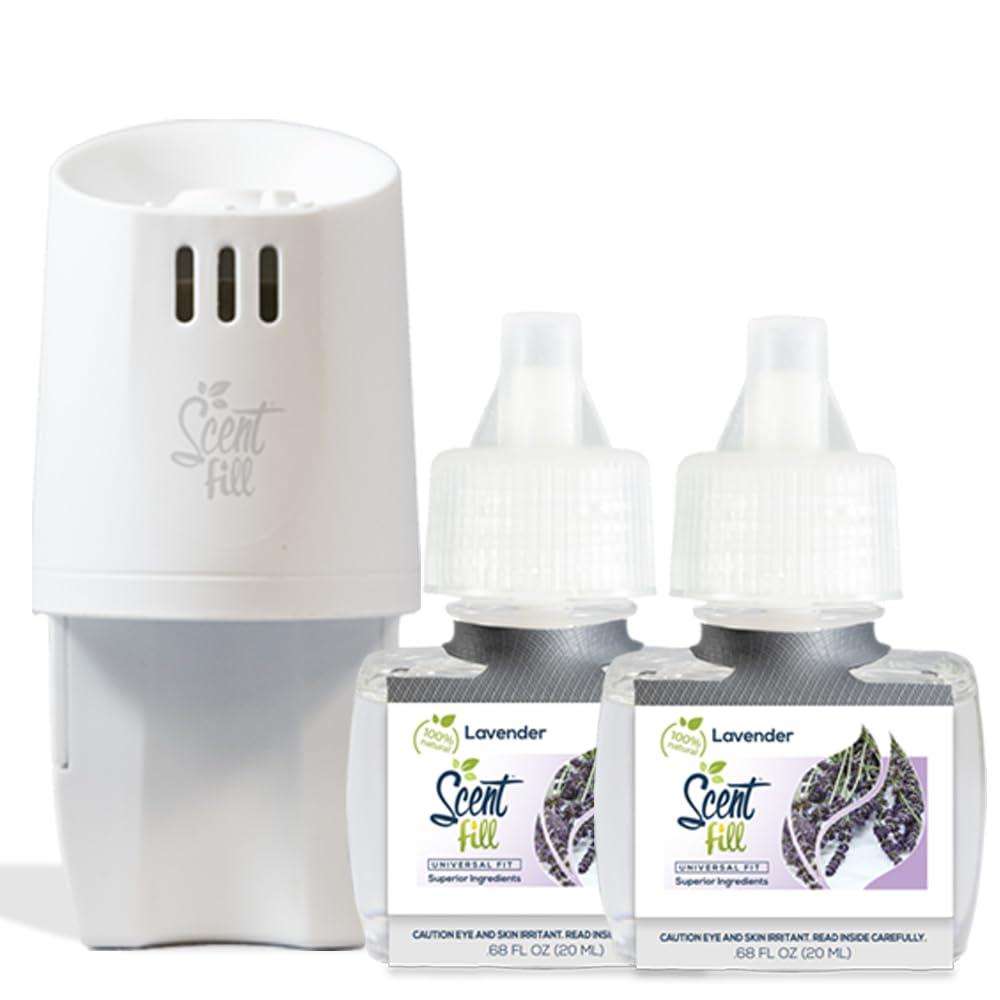 Scent Fill 100% Natural Lavender Plug in Air Freshener Starter Kit, Scented Oil Refills, 2 Refills + Diffuser