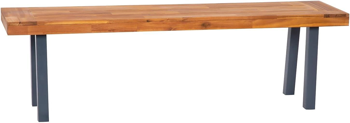 Flash Furniture Martindale Solid Acacia Wood Patio Dining Bench for 2 with Slatted Top and Black Flared Wooden Legs in a Natural Finish