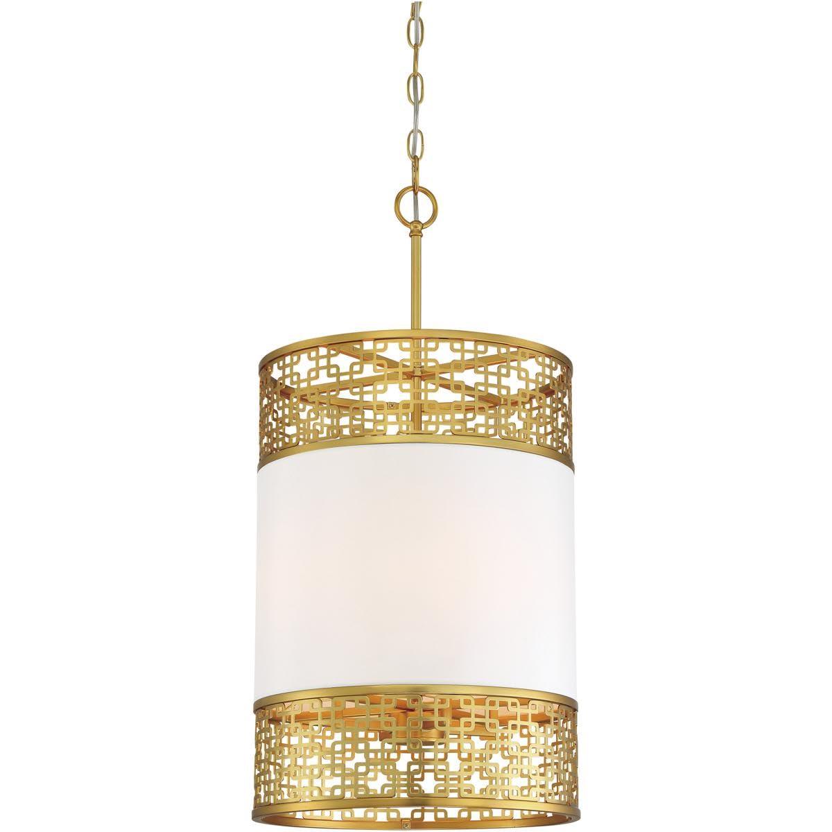 Honey Gold 4-Light Pendant with White Fabric Shade