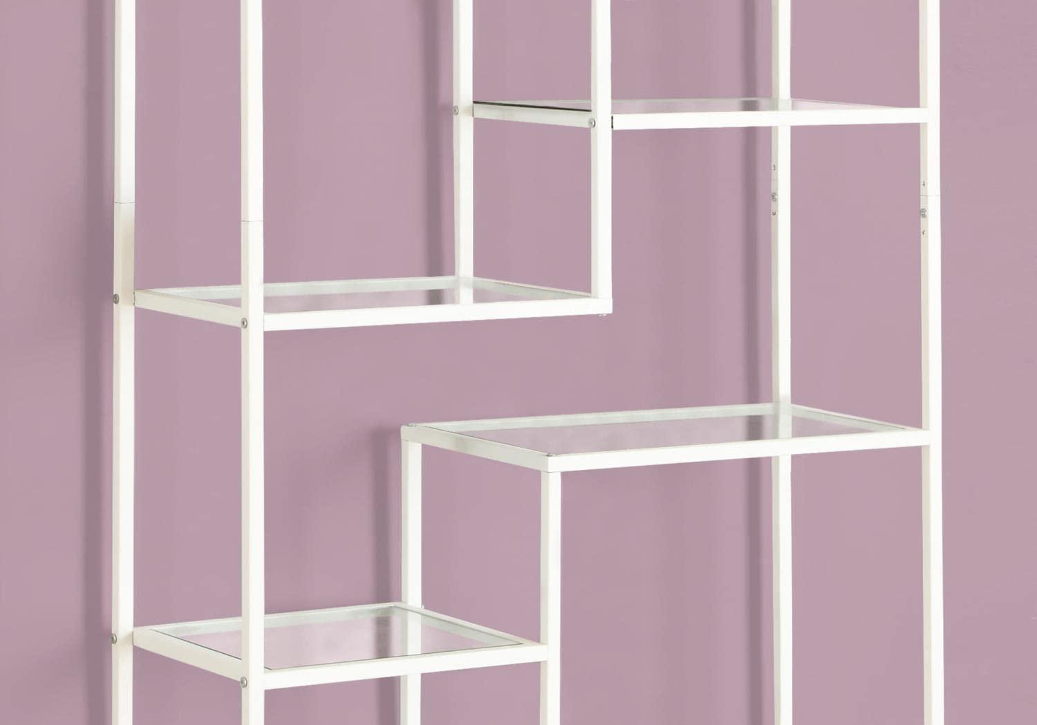 Alieon 7159 Bookshelf, Bookcase, Etagere, Office, Bedroom, Metal, Tempered, Contemporary, Modern Bookcase-72, 32" L x 12" W x 72" H, White/Clear Glass