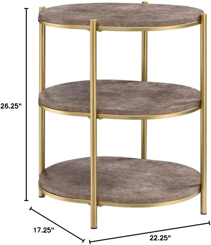 OSP Home Furnishings Renton 3-Tier Oval Side Table, Brown Stone Shelves and Soft Gold Frame