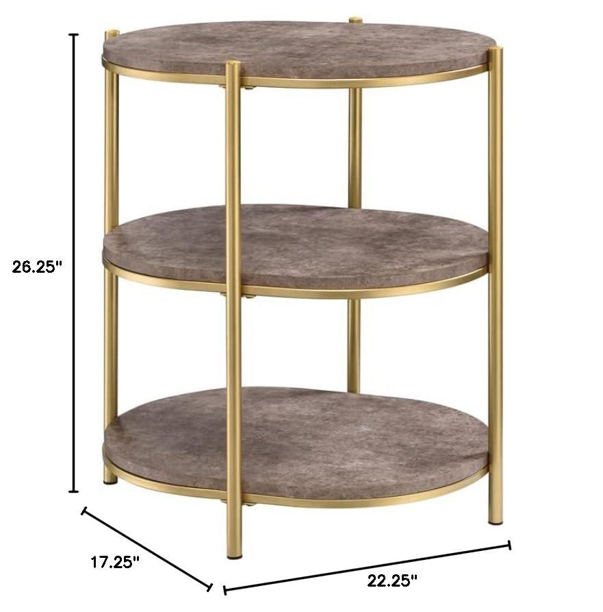 OSP Home Furnishings Renton 3-Tier Oval Side Table, Brown Stone Shelves and Soft Gold Frame