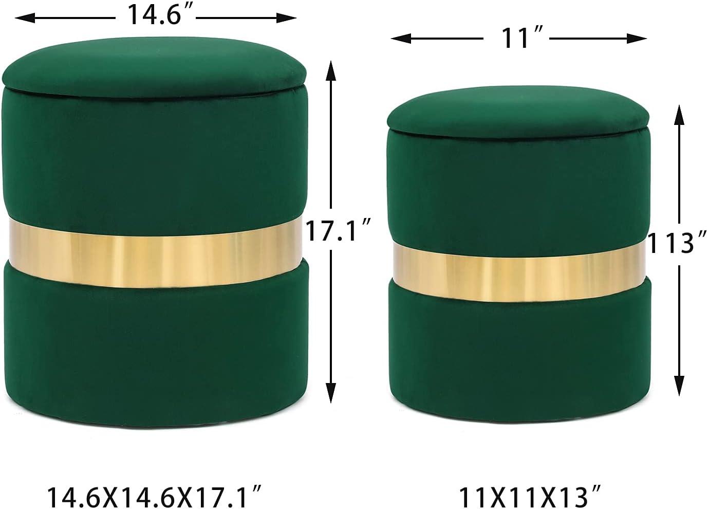 Green Velvet Round Storage Ottoman Set with Gold Accent