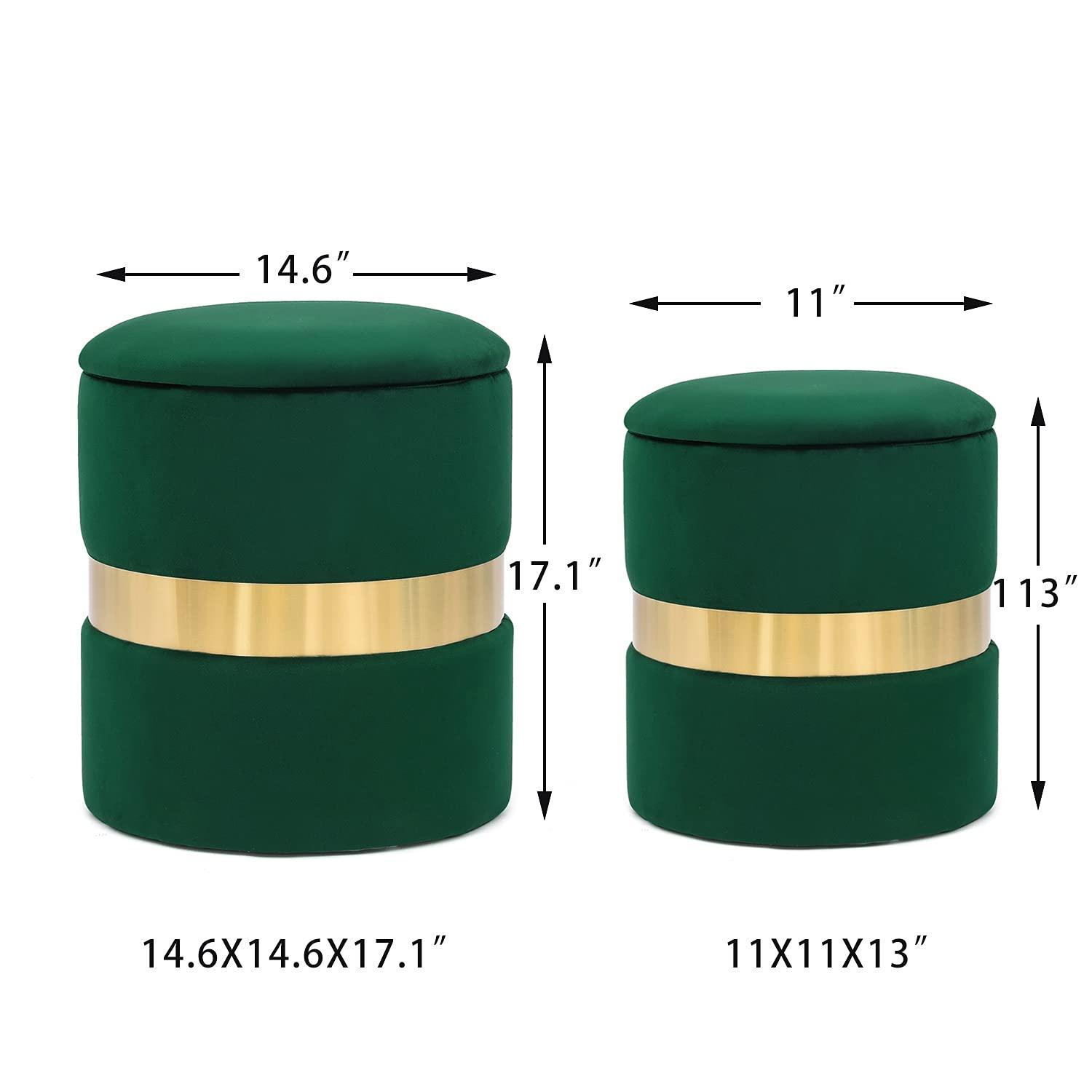Green Velvet Round Storage Ottoman Set with Gold Accent