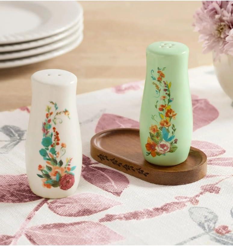The Pioneer Woman Painted Meadow 3 Pieces Salt & Pepper Shakers with Acacia Wood Tray Set