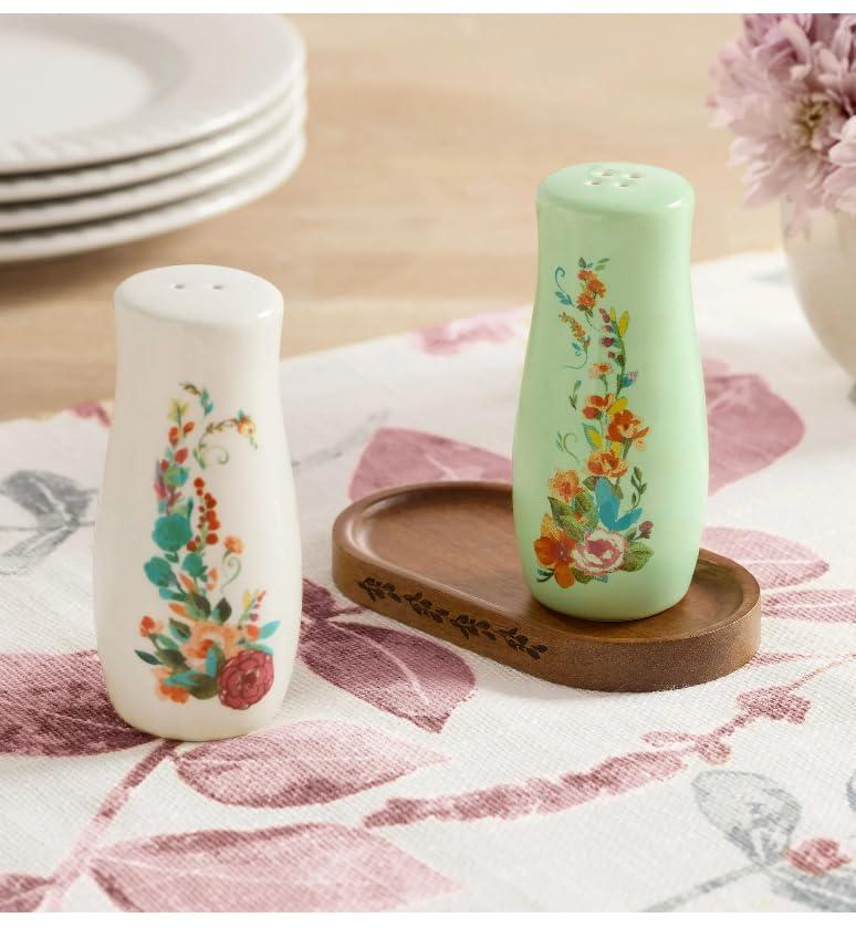 The Pioneer Woman Painted Meadow 3 Pieces Salt & Pepper Shakers with Acacia Wood Tray Set