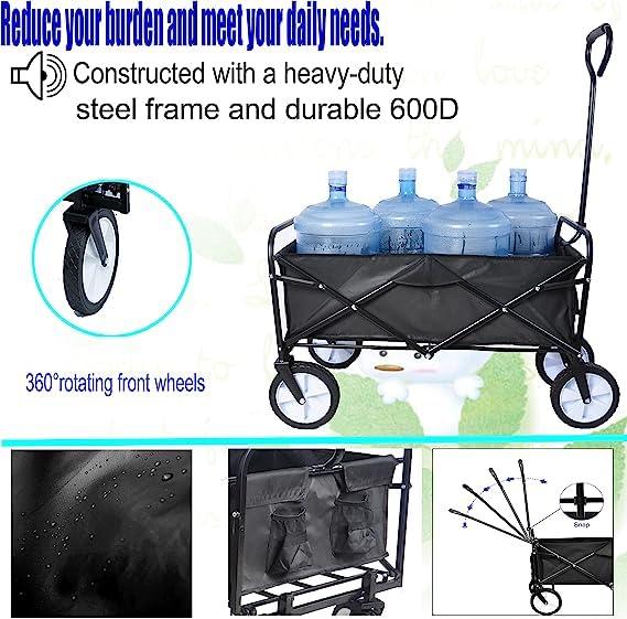 ACE-GARDEN,1-YEAR-WARRANTY,39.37"x19.68"x46.45",Heavy Duty,Folding Wagon Garden Shopping Beach Cart,Outdoor Camping Cart with Universal Wheels (Black)