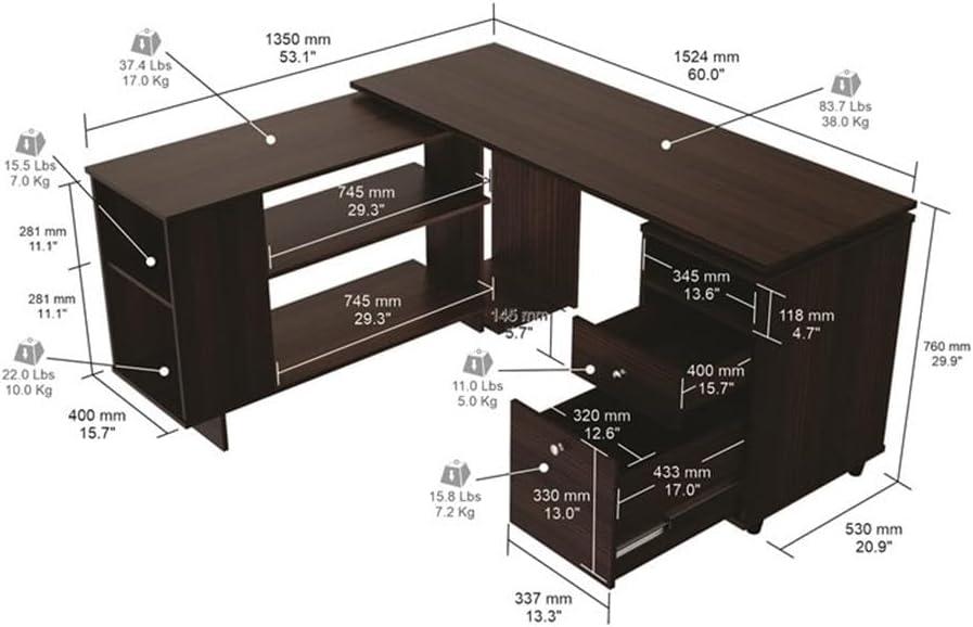 Inval L-Shaped Reversible Computer Desk, Espresso