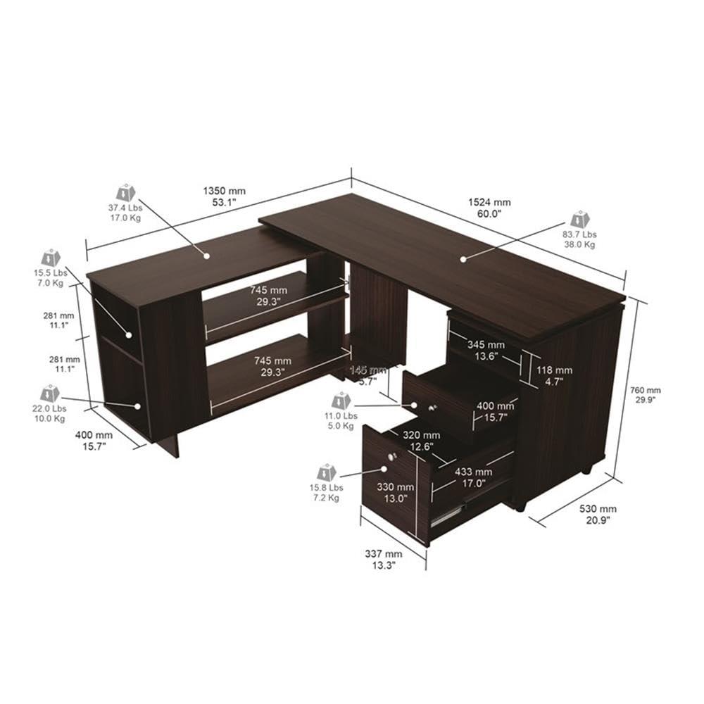 Inval L-Shaped Reversible Computer Desk, Espresso