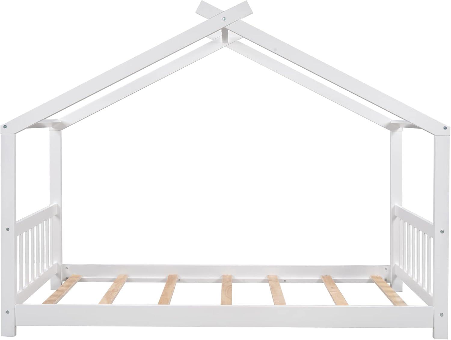 Harper & Bright Designs Twin House Bed for Kids, Floor Frame With Headboard and Footboard, Wooden Montessori Bed for Girls, Boys, White