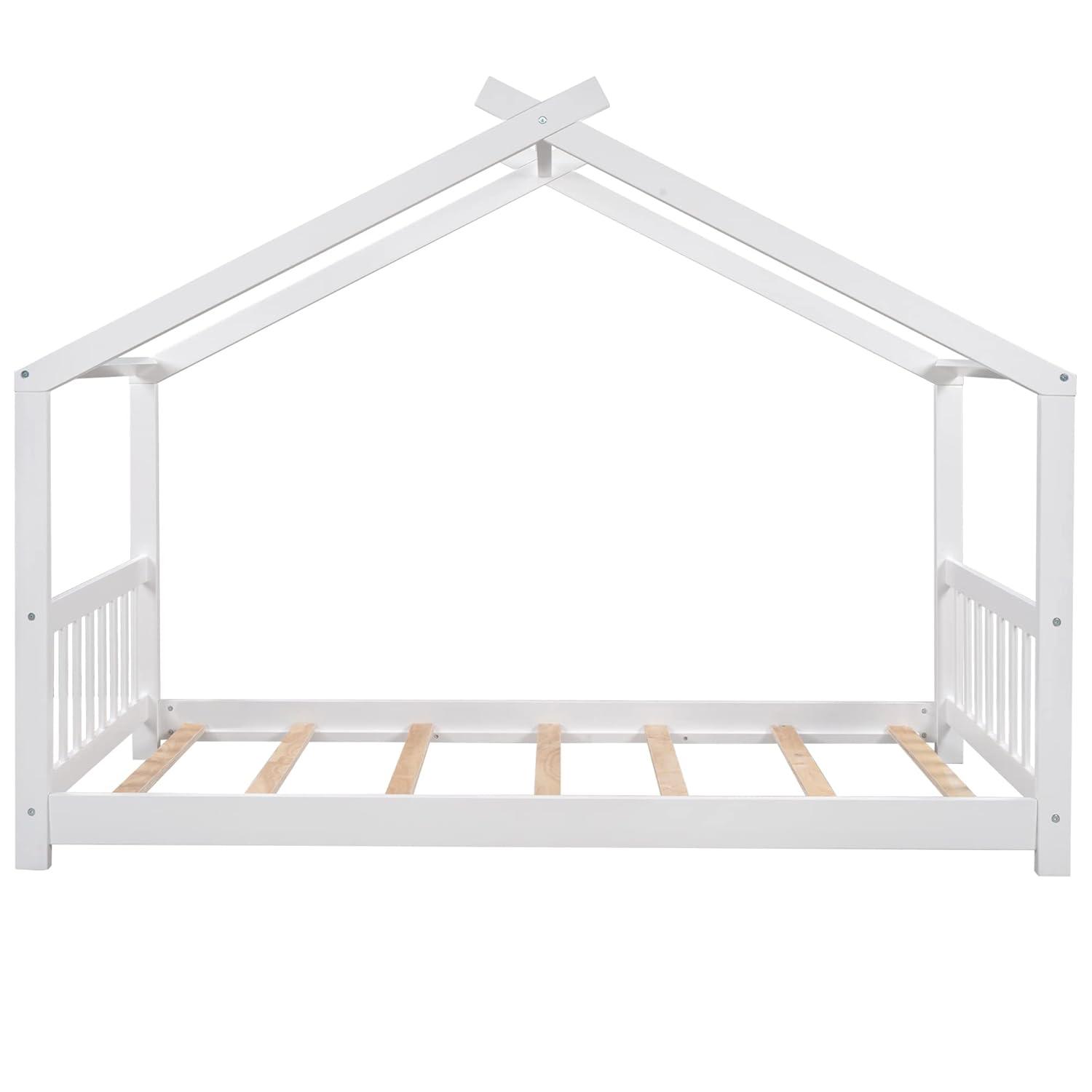 Harper & Bright Designs Twin House Bed for Kids, Floor Frame With Headboard and Footboard, Wooden Montessori Bed for Girls, Boys, White