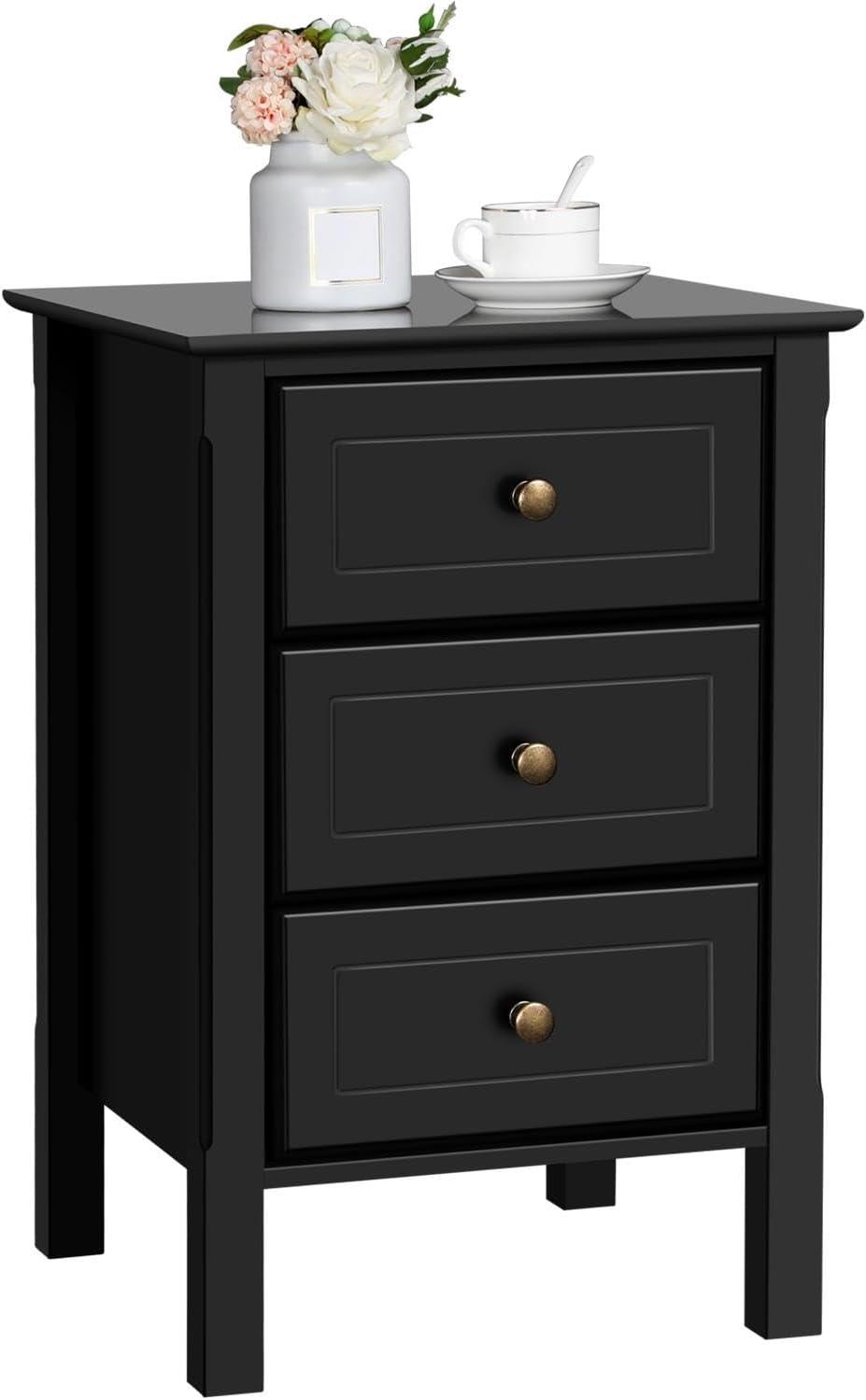 Yaheetech 3 Drawer End Table with Solid Wood Legs for Living Room, Black