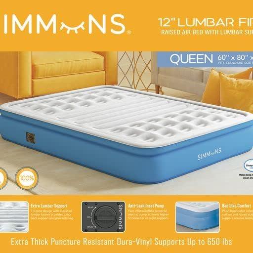 Queen White and Blue Raised Air Mattress with Built-in Pump