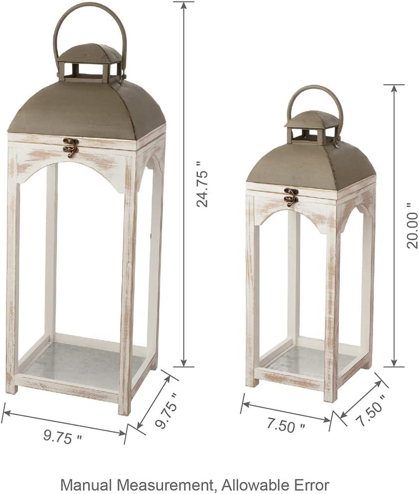 Farmhouse Wood Metal Lanterns Decorative Hanging Candle Lanterns White Set of 2 (No Glass)