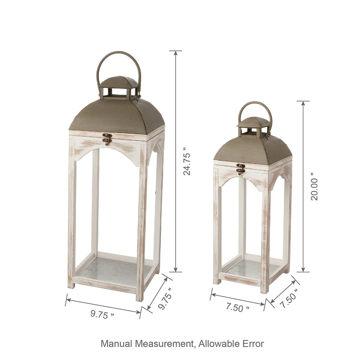 Farmhouse Wood Metal Lanterns Decorative Hanging Candle Lanterns White Set of 2 (No Glass)