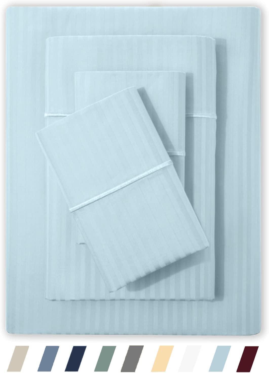 Feather & Stitch 500 TC Queen Size Damask Bed Sheet Set, 100% Cotton Soft Breathable Bedsheets, 4 Piece 18" Deep Pockets Sateen Weave Striped Bedding Mattress Resort Hotel Luxury- (Solid White, Queen)