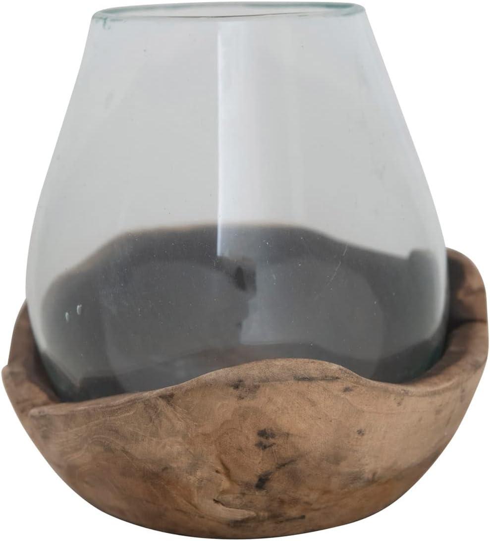 Elegant Glass Vase with Natural Wood Base, 7" Diameter