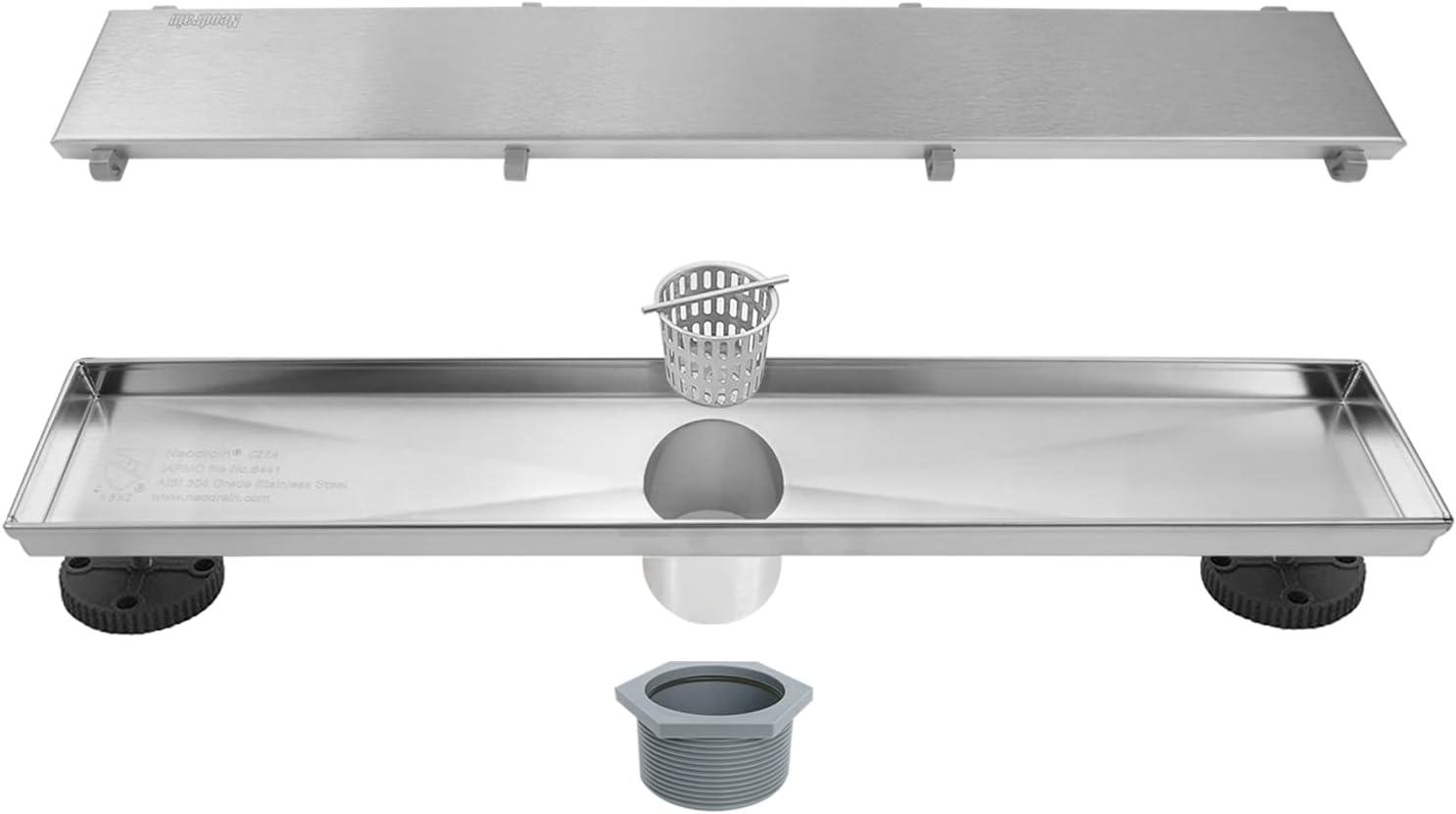 Neodrain 18-Inch Linear Shower Drain- with 2-in-1 Flat & Tile Insert Cover, Brushed 304 Stainless Steel Rectangle Shower Floor Drain,Floor Shower Drain