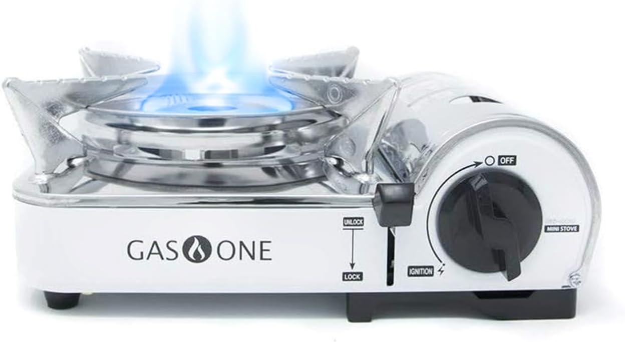 GasOne Emergency Gear Camping Mini Butane Portable Gas Stove with Carrying Case, Stainless Steel, White, GS-800