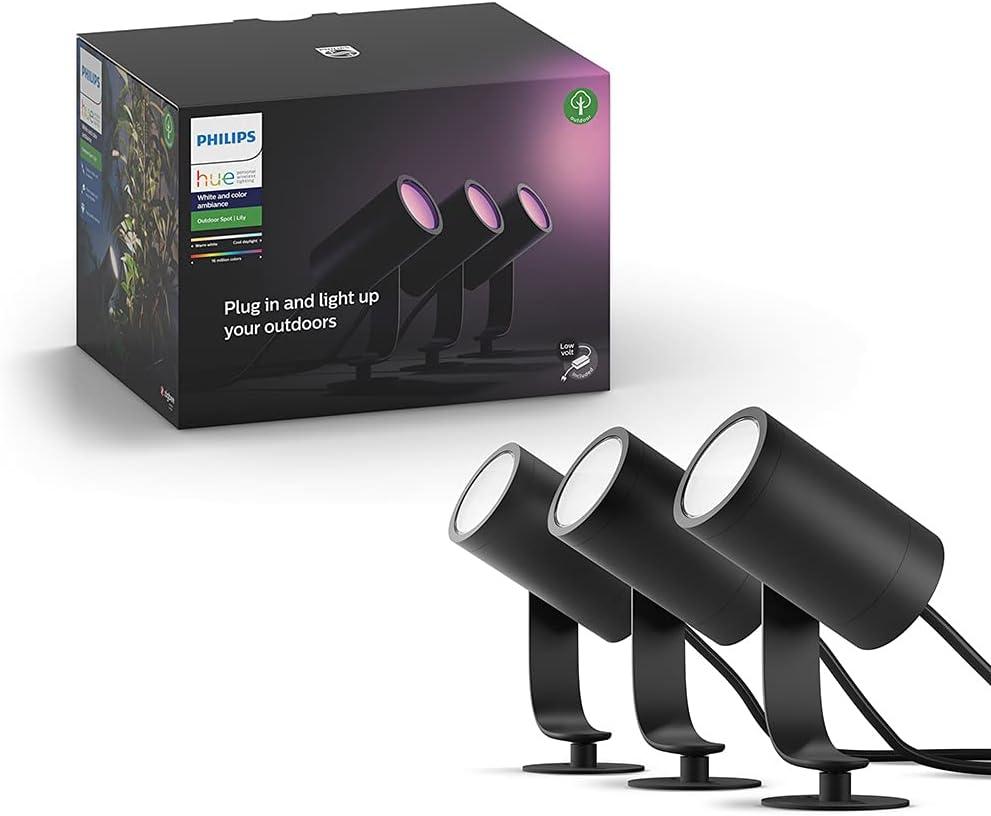 Philips Hue Lily White & Color Outdoor Spot Light Base kit (Hue Hub Required), 3 Spot Lights with Power Supply + Mount, Works with Alexa, HomeKit & Google Assistant