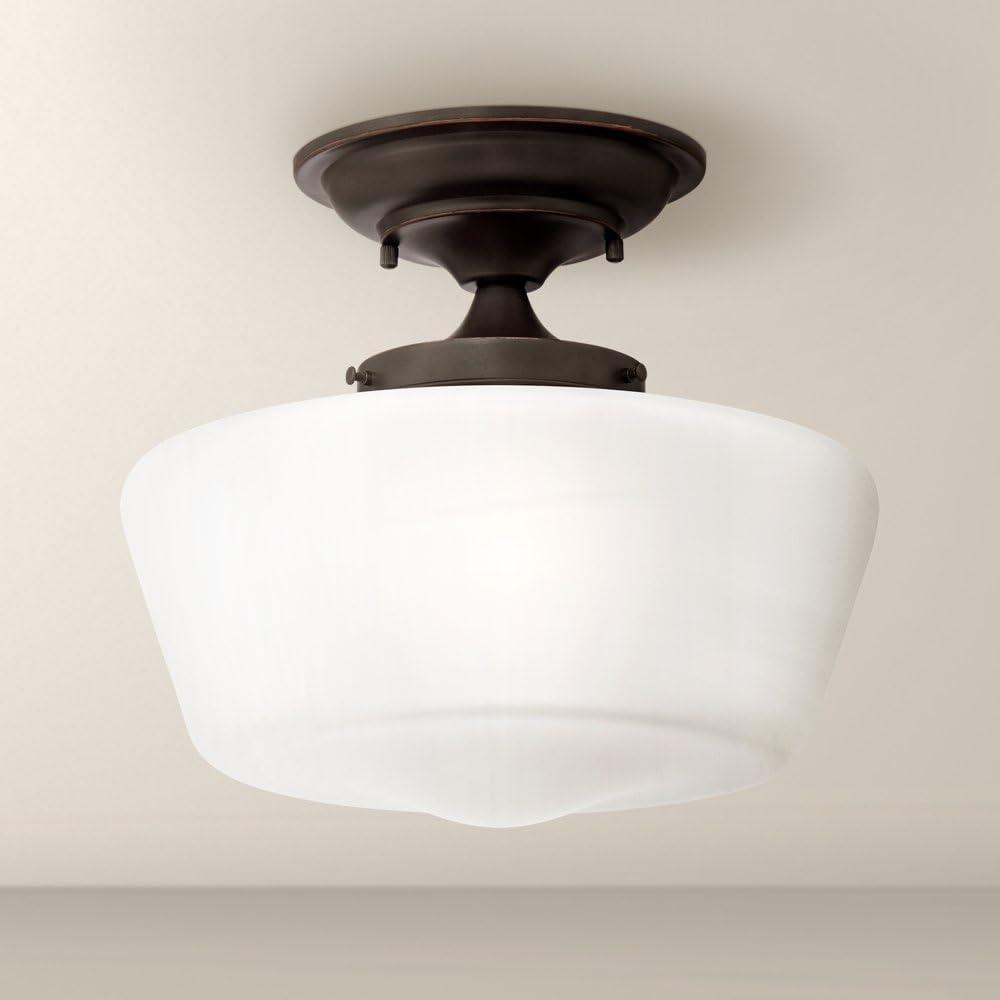 Regency Hill Schoolhouse Floating Modern Farmhouse Ceiling Light Semi Flush Mount Fixture 12" Wide Bronze White Glass Shade for Bedroom Living Room