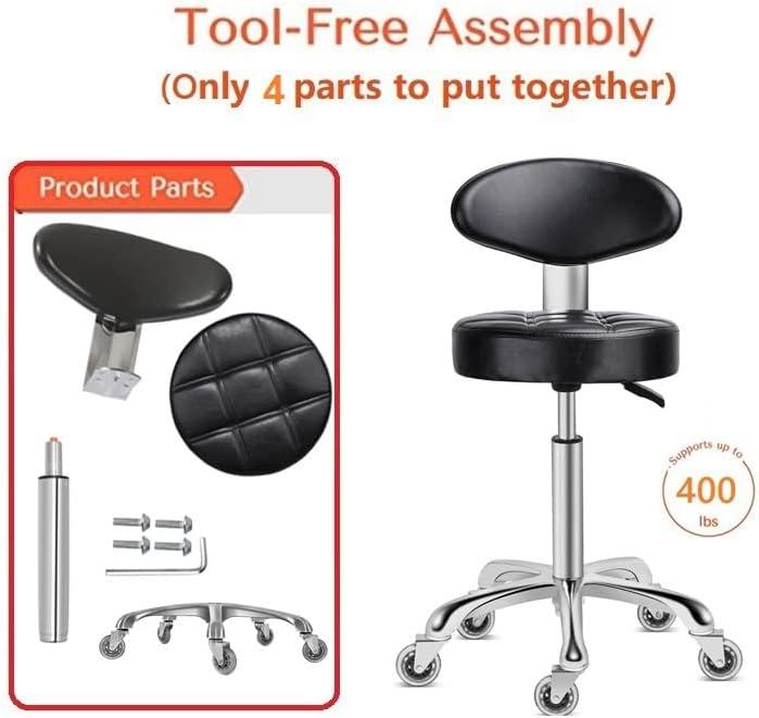 Kaleurrier Rolling Stool Salon Chair with Smooth-Rolling Wheels 360-degree Swivel Seat Heavy Duty Hydraulic Height Adjustable High Barber Cutting Stools (Black, with Backrest)