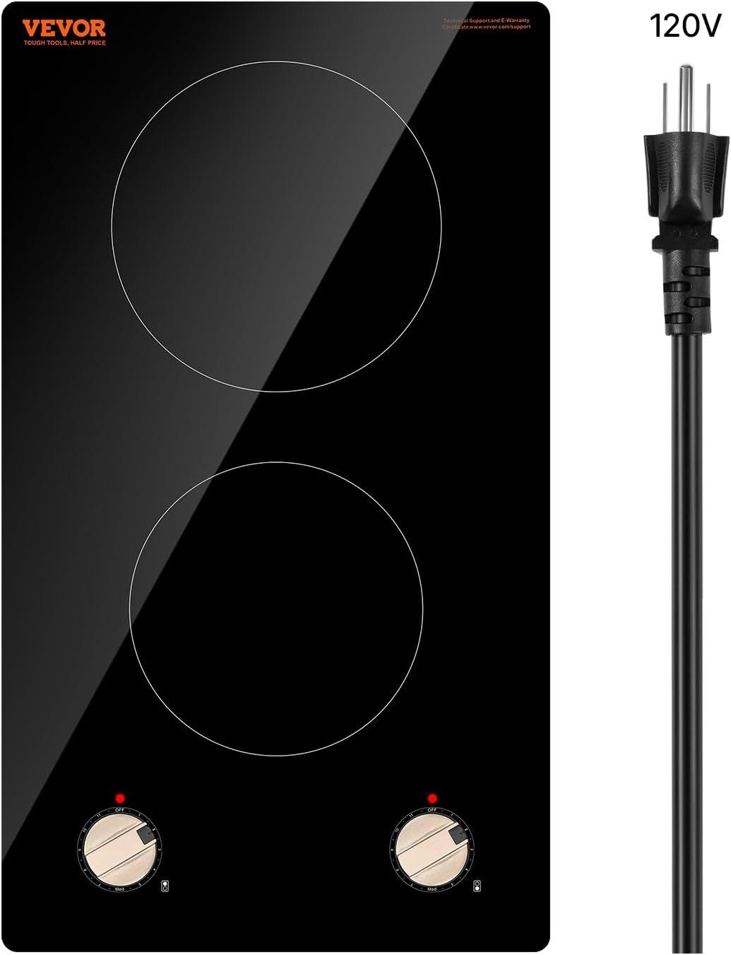 VEVOR Induction Cooktop, 1800W Electric Countertop Burner, 2 Burner Knob Control Stove, Built-in Induction Cooktop with 12 Temperature Settings, Glass Surface, Auto Shut-Off