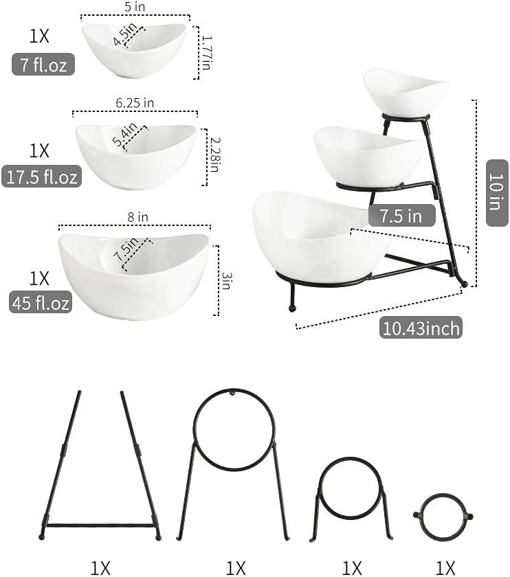 3-Tier Black Metal Rack with Oval White Ceramic Bowls