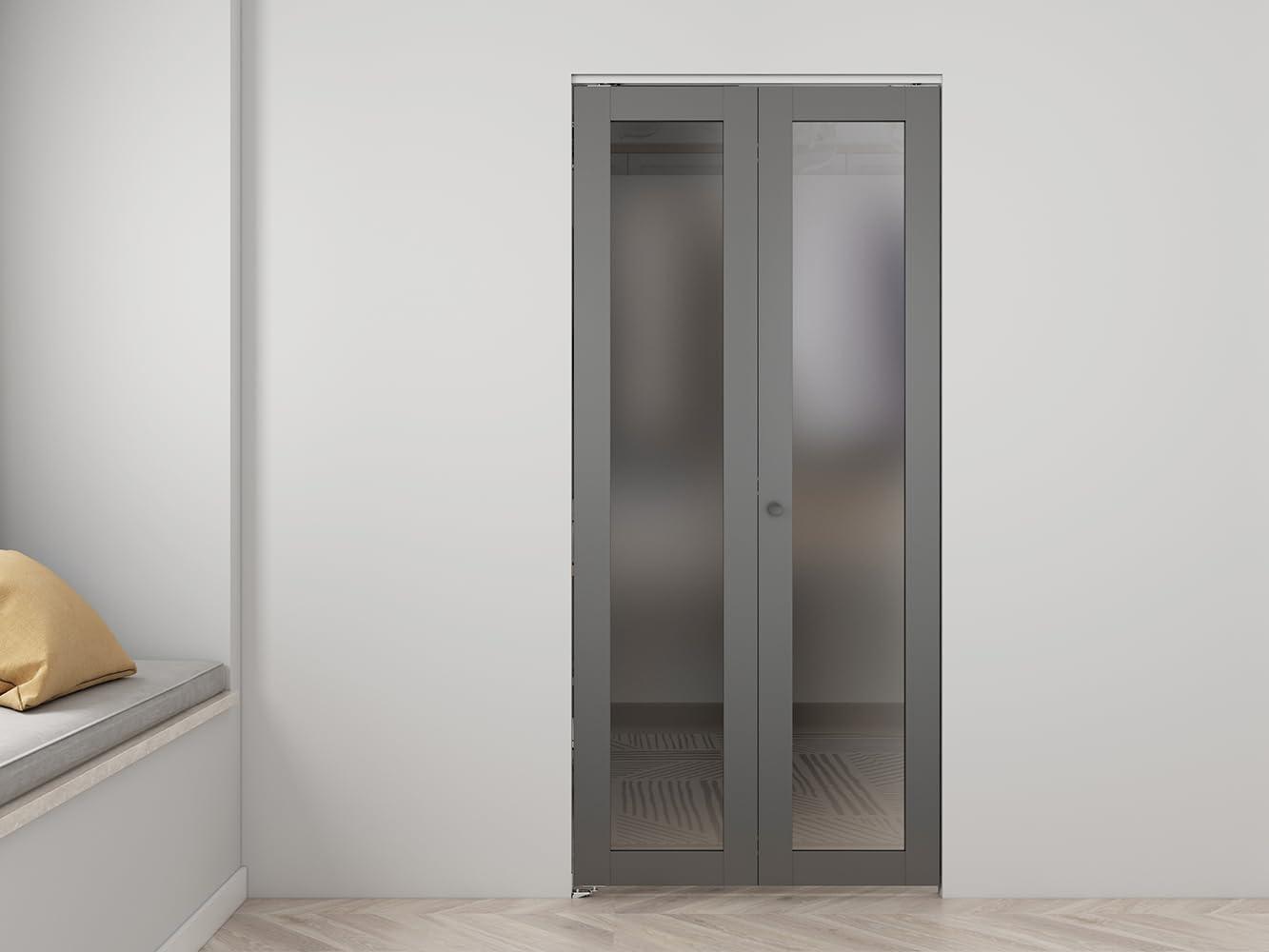 Calhome Full Lite Frosted Glass MDF Bi-Fold Door with Hardware Kit and Door Handle