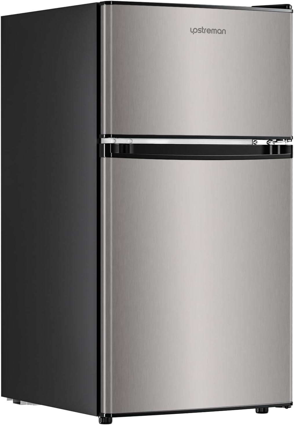 Upstreman 3.2 Cu.ft Mini Fridge with Freezer, Double Door Refrigerator-Classic Stainless