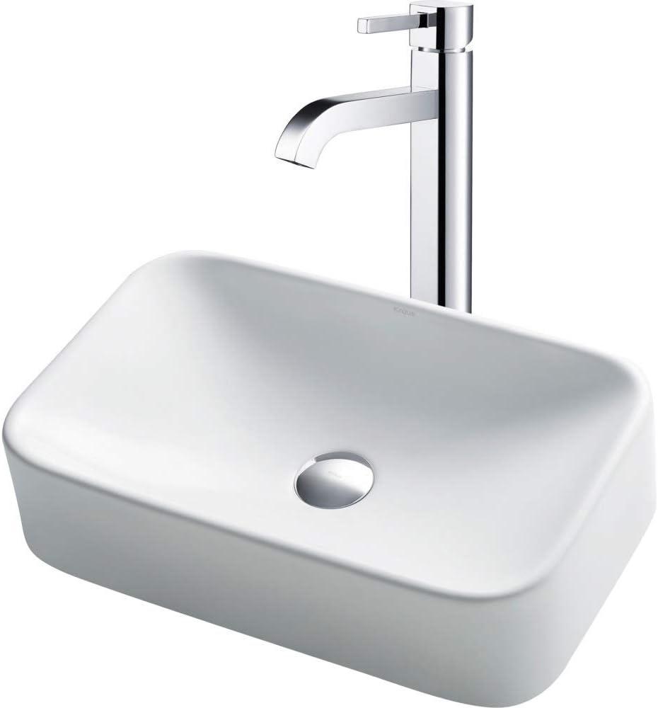 Kraus C-KCV-122-1007CH Ceramic Rectangular Vessel Bathroom Sink with Faucet