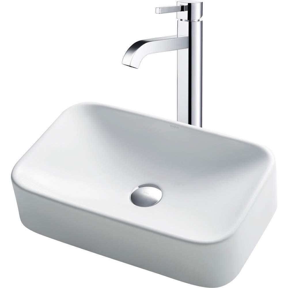 Kraus C-KCV-122-1007CH Ceramic Rectangular Vessel Bathroom Sink with Faucet