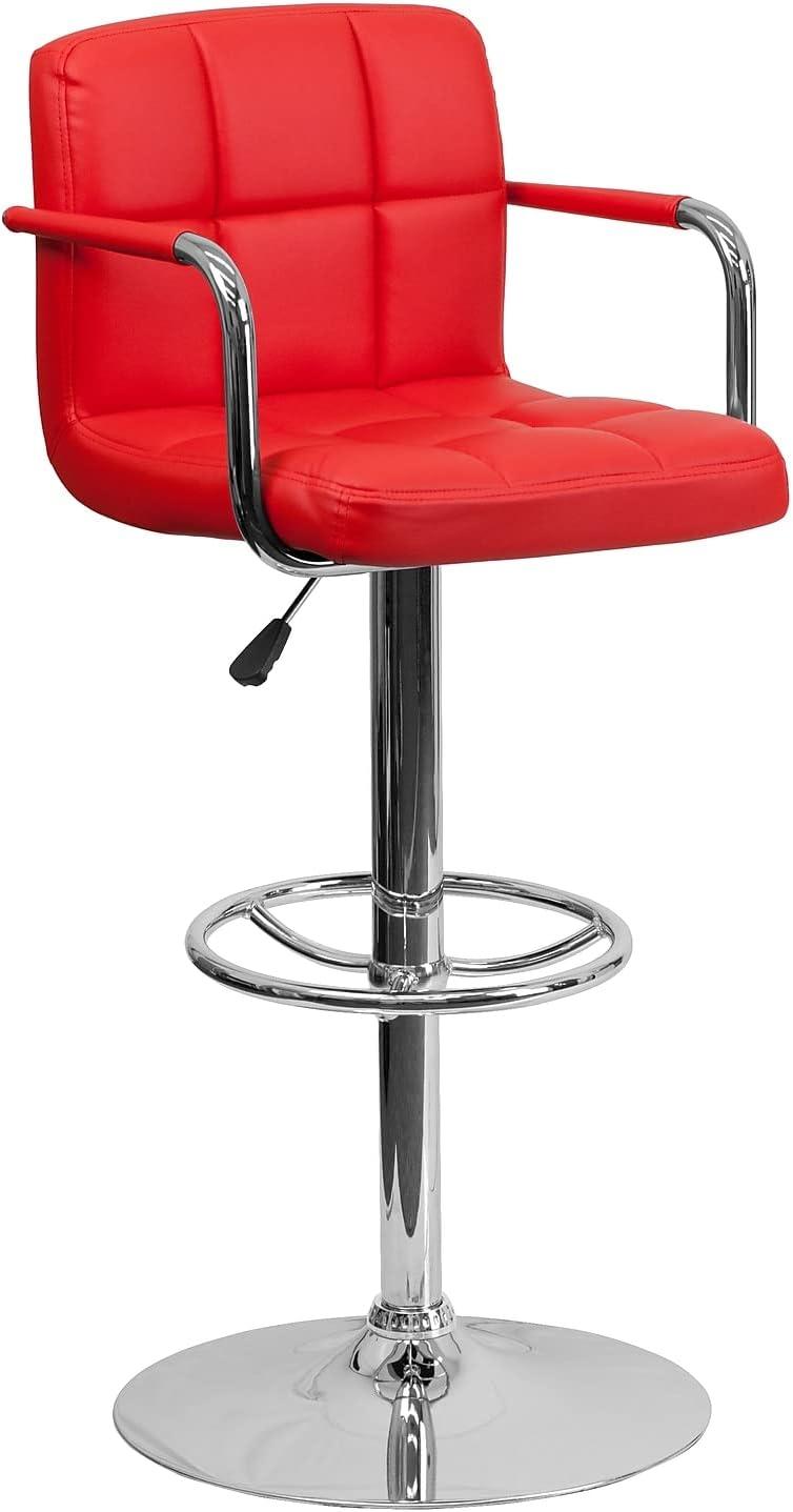 Red Adjustable Height Swivel Leather Bar Stool with Metal Base