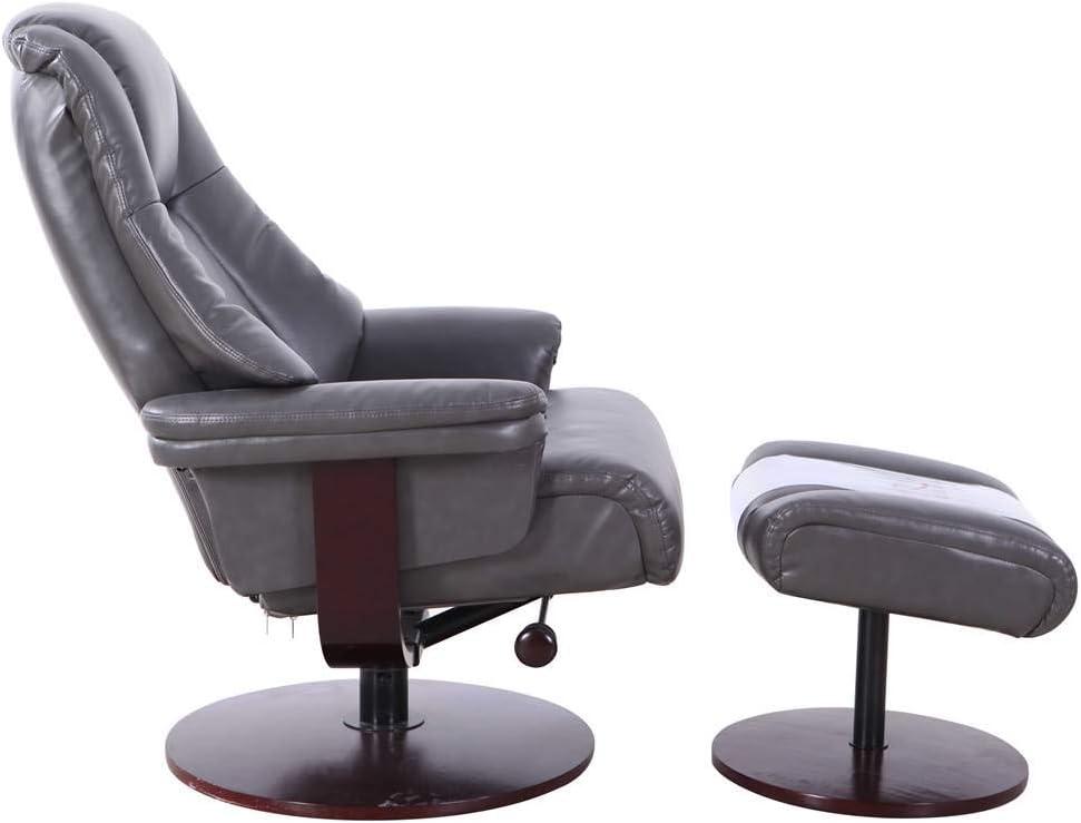 Transitional Charcoal Leather Swivel Recliner with Wood Accents