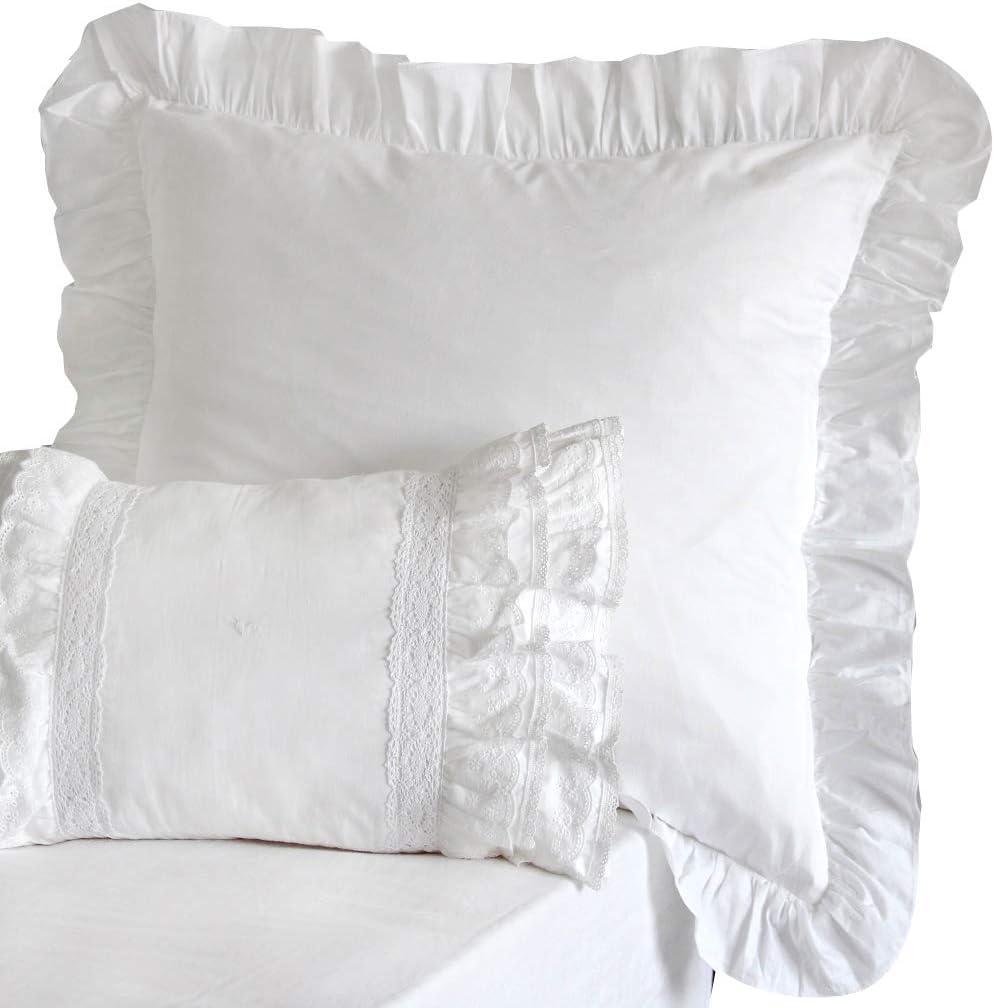Lemfux Cotton Euro Shams with White Lace Ruffles, 26 x26 Inch, Set of 2,Rustic Farmhouse Lace Shabby Soft Breathable Bridal Pure White European, White Decorative Pillow Covers