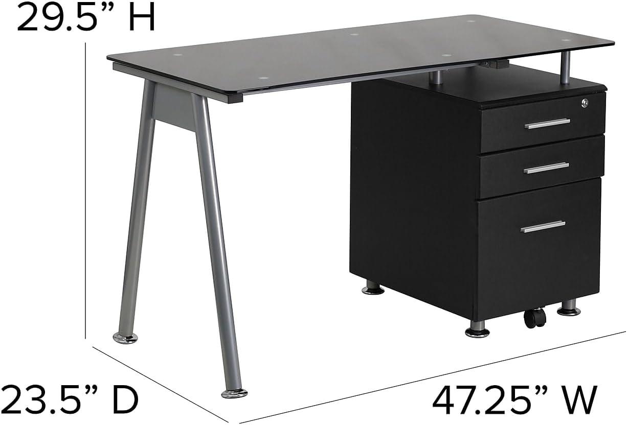 Emma and Oliver Black Glass Computer Desk with Three Drawer Pedestal