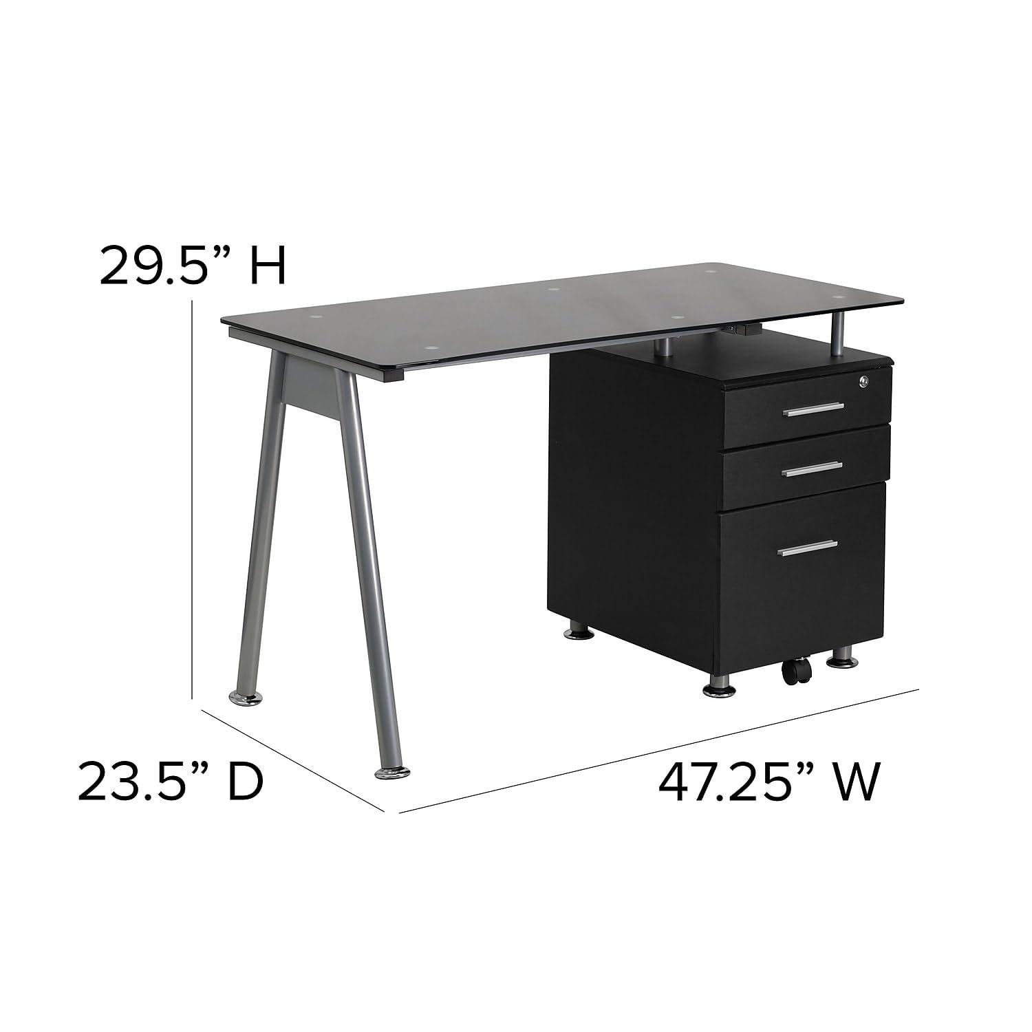 Emma and Oliver Black Glass Computer Desk with Three Drawer Pedestal