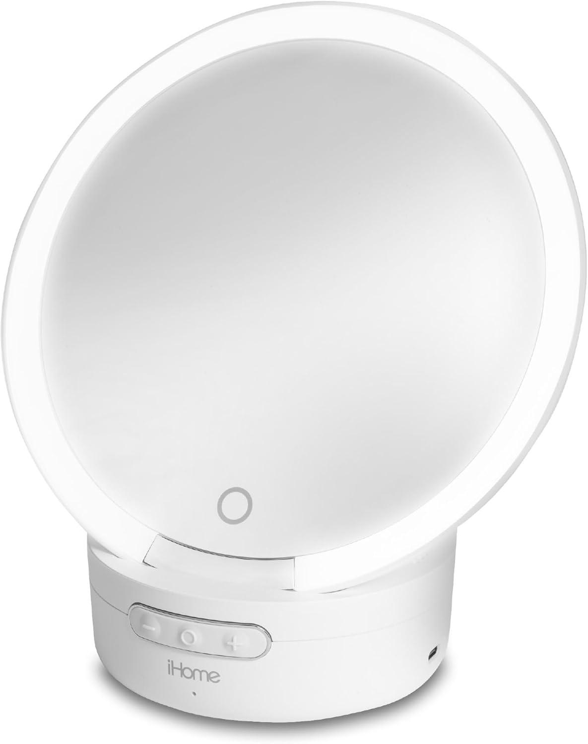 White Round Portable Makeup Mirror with Bluetooth Speaker