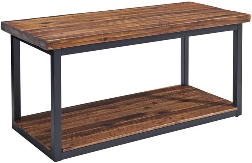 Alaterre Furniture Claremont Rustic Wood Bench with Low Shelf Dark Brown: Steel Frame, Non-Upholstered, 400lb Capacity