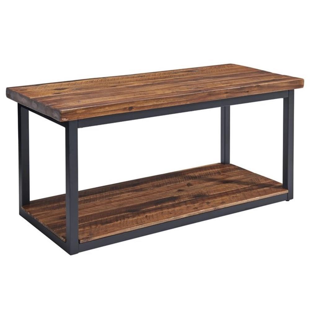 Alaterre Furniture Claremont Rustic Wood Bench with Low Shelf Dark Brown: Steel Frame, Non-Upholstered, 400lb Capacity