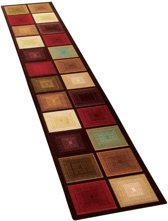 Collections Etc Optic Squares Runner Rug in Deep, Rich Hues - Skid-Resistant Backing Perfect for Hallway, 20" X 90"