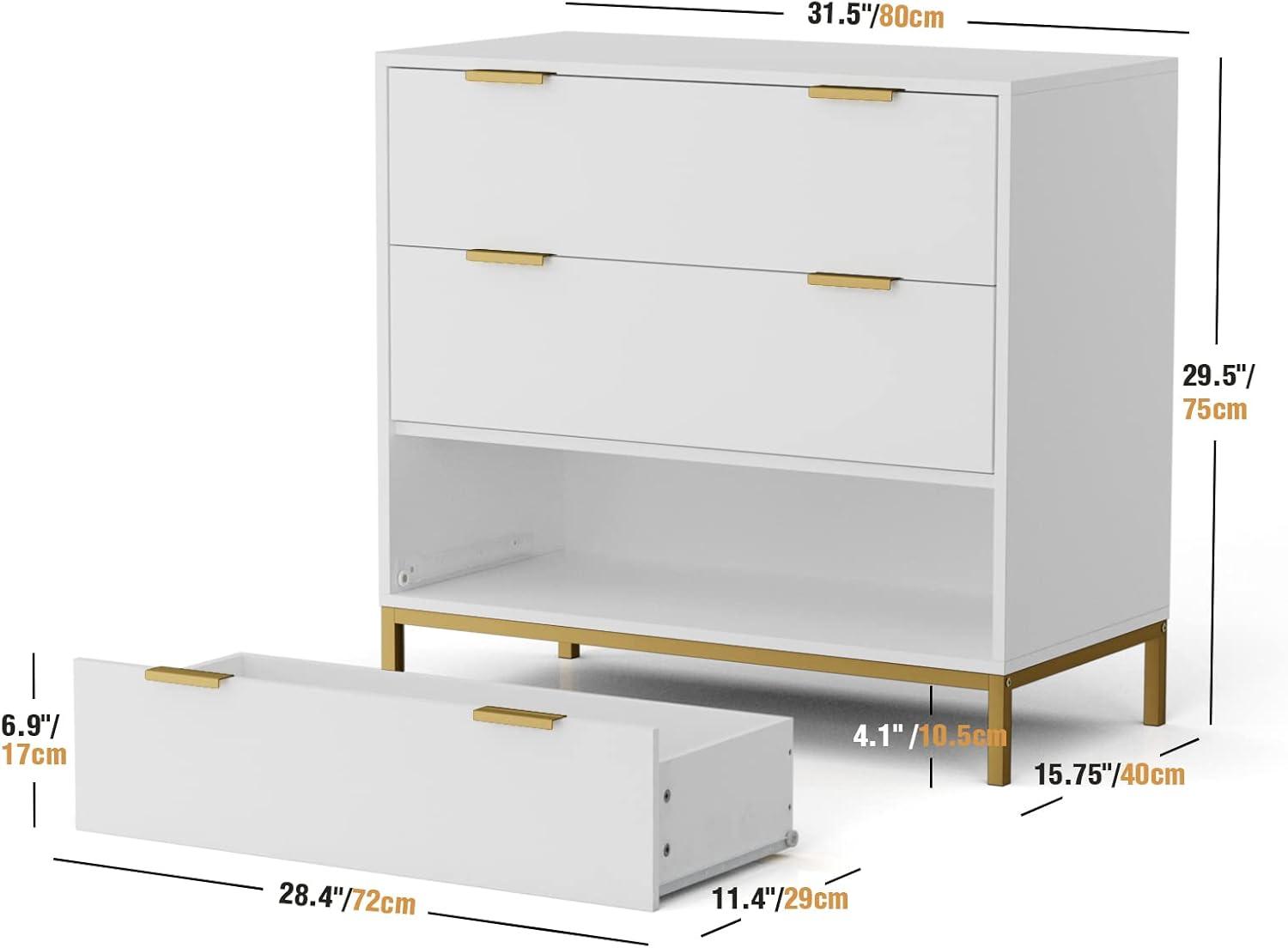 White MDF 3-Drawer Chest with Gold Accents