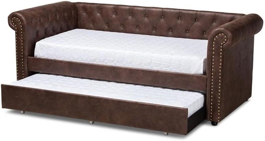 Baxton Studio Twin Brown Mabelle Faux Leather Daybed with Trundle: Upholstered, Wood Composite Frame, Polyester Fill