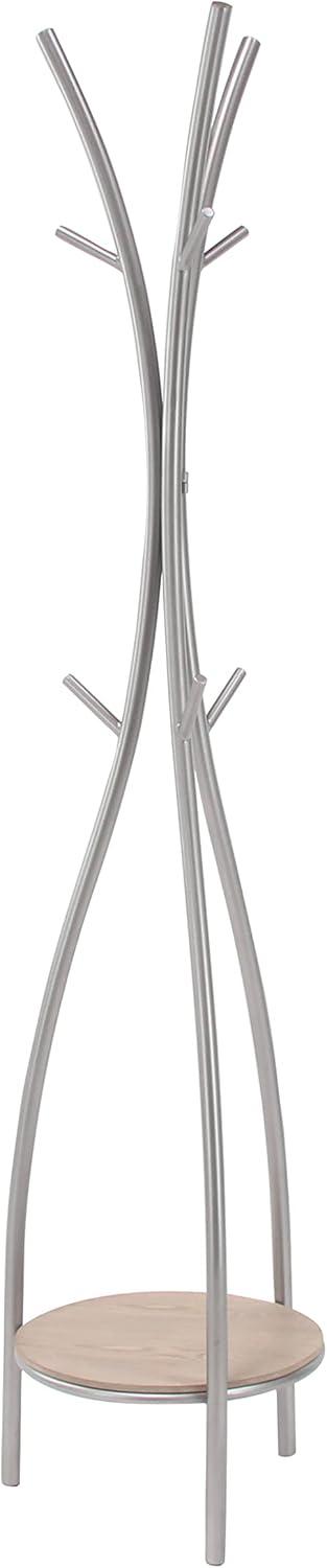 Silver and Beige Metal Freestanding Coat Rack with Shelf