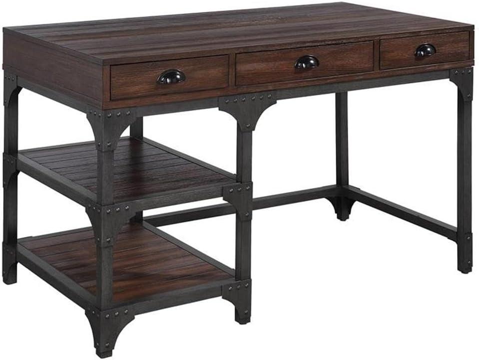 Espresso Oak and Antique Black Metal Corner Writing Desk with Drawers