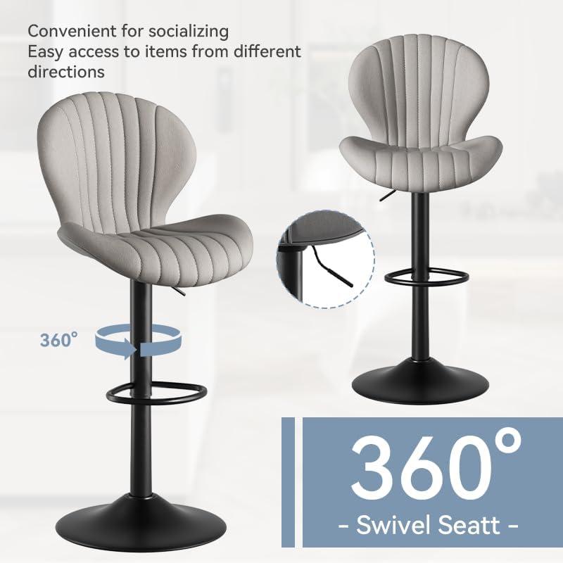 FLYSKY Bar Stools Set of 2 -Faux PU Leather Bar Chairs with Back, Adjustable Swivel Bar Stool, Light Gray