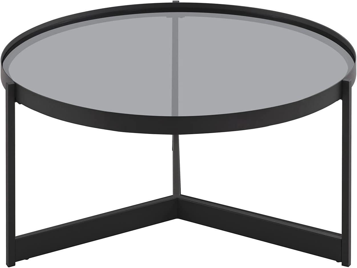 Modern Glass and Metal Round Coffee Table - Smoked Glass / Black