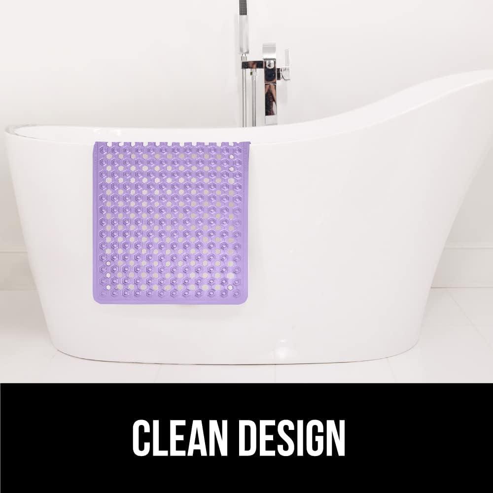 GORILLA GRIP Patented Bath Tub Shower Mat, Machine Washable Bathtub Floor Liner Mats, Suction Cups and Drain Holes to Keep Tubs Clean, Soft on Feet, Bathroom Essentials, 35x16 Inch, Purple Opaque